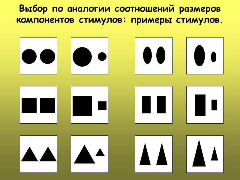 Выбор по аналогии соотношений размеров компонентов стимулов: примеры стимулов.